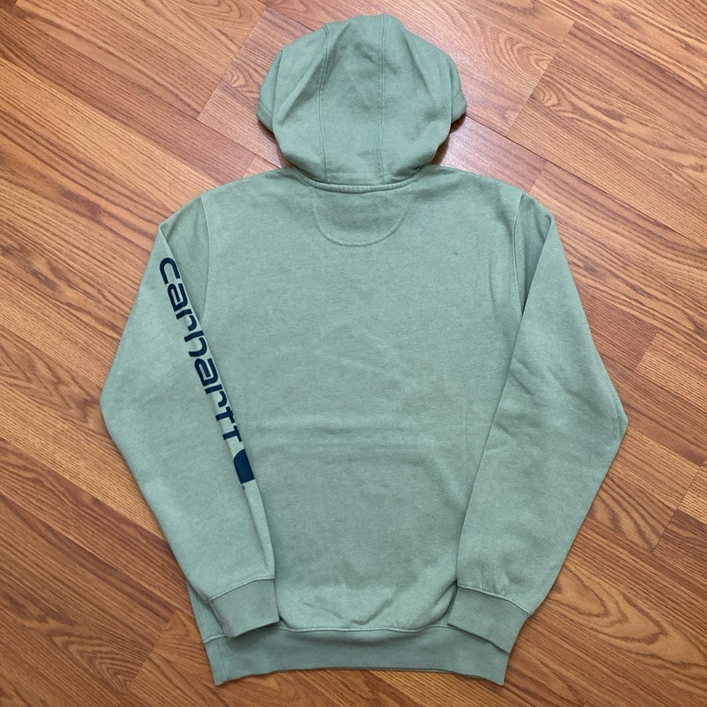 Carhartt Sage Green Hoodie with Navy Sleeve Logo Size S Outdoor Streetwear - Picture 2 of 7